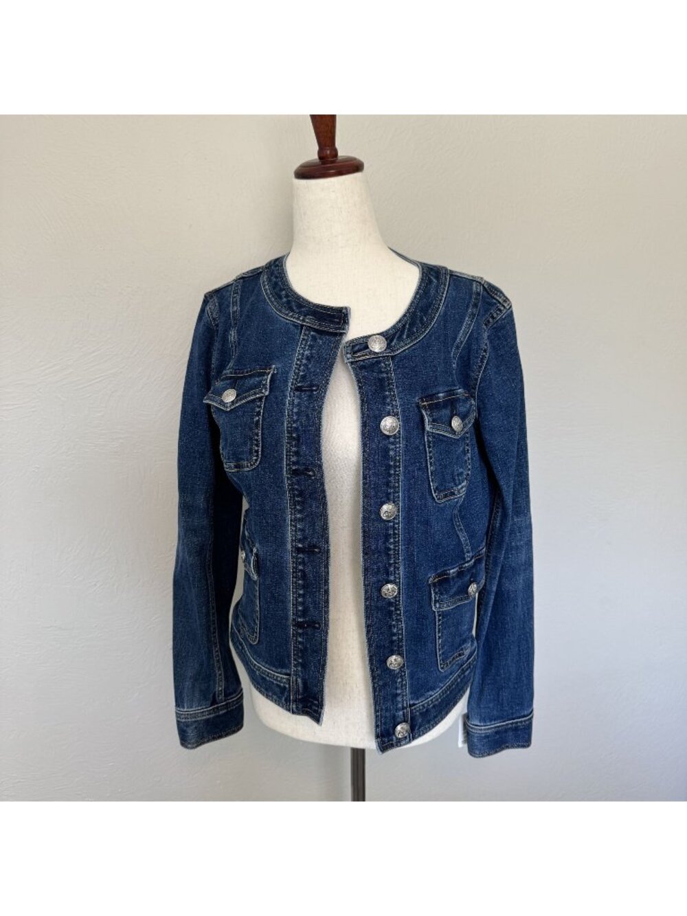 Talbots Women's Collarless Denim Jacket Dark Wash Button Utility Pocket Size S